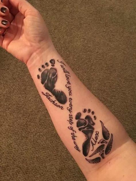 9024c07f-a068-4f6b-aae7-d471cc8fbed7 My Sons Tattoo Ideas, Kids Footprint Tattoo, Baby Hand And Foot Print Tattoo, Baby Handprint Tattoo Ideas, Footprint Tattoo Ideas Mom, Baby Feet Tattoos For Moms, Baby Name Tattoos For Dads, Tattoo Ideas For Moms With Sons Unique, Baby Footprint Tattoo Ideas For Mom