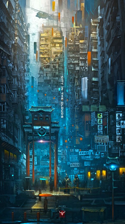 City in the Clouds - Zhichao Cai Concept Art Landscape, Ville Cyberpunk, Futuristic Cityscape, Art Cyberpunk, Sci Fi City, Cyberpunk City, Arte Cyberpunk, Japon Illustration, Fantasy City