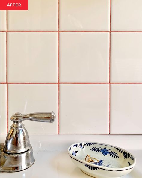 Pink Tile Grout, Pink Grout Bathroom, Coloured Grout Bathroom, Pink Grout, Pink Backsplash, Painting Tile Backsplash, How To Paint Behind A Toilet, Hay Stacks, Silver Faucet