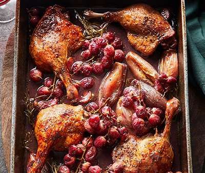 Roast Duck Legs With Grapes Recipe | Waitrose & Partners Duck Leg Recipes, Fresh Pasta Sauce, Waitrose Food, Roasted Grapes, Burns Supper, Scalloped Potato, Roasted Duck, Grape Recipes, Duck Confit