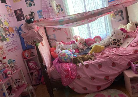 Cute, #Kawaii, Sanrio, Sanriocore,  hello kitty, #bedroom, #cutecore, strawberry Bedroom Cutecore, Cutecore Strawberry, 2000s Bedroom, Cutecore Room, 90s Room, Hello Kitty Bedroom, Room Hacks, Pink Room Decor, Cute Cottage