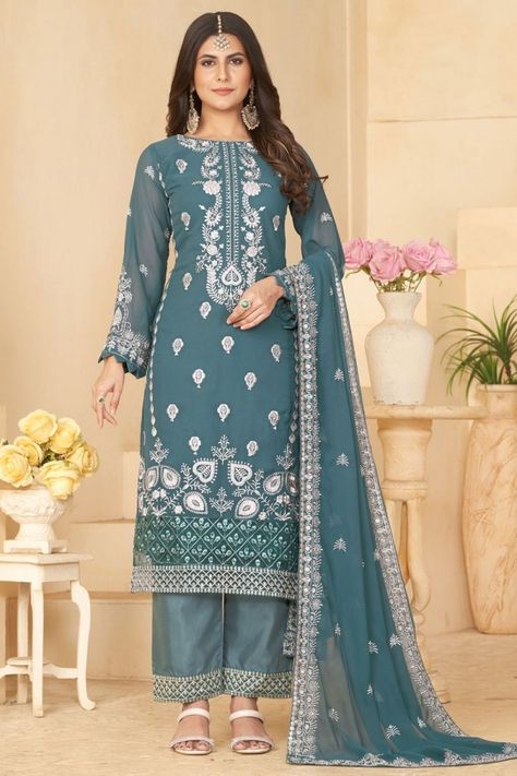 Teal Grey Embroidered Faux Georgette Trouser Kameez Georgette Salwar Suit, Arab Dress, South Indian Blouse Designs, Kurti Embroidery, Straight Cut Pants, Georgette Dupatta, Embroidery On Kurtis, Kurti Embroidery Design, Fancy Kurti