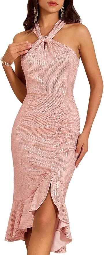 Amazon.com: Women's Halter Pink Sequin Dress Ruched Split Mermaid Wedding Guest Dresses L : Clothing, Shoes & Jewelry Halter Sequin Dress, Cocktail Prom Dress, Body Hugging Dress, Pink Sequin Dress, Ruffle Bodycon, Women Halter, Neck Bodycon Dress, Christmas Party Dress, Cocktail Party Dress