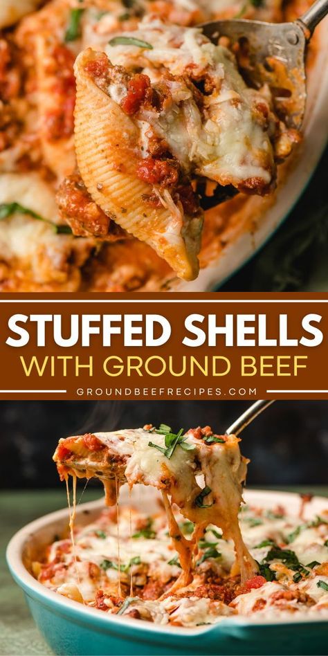 There's so much to love about these jumbo stuffed shells with ground beef! Complete with cottage cheese, these stuffed shells with meat are an extra delicious comfort food casserole. Plus, this pasta shell recipe is an easy comfort food dinner! Meat And Cheese Stuffed Shells Recipe, Meals With Jumbo Shells, Casserole Supper Ideas, Recipes For Jumbo Pasta Shells, Stuffed Shells With Ground Beef No Ricotta, Shells Stuffed With Meat, Stuffed Meat Shells, Stuff Shells With Ground Beef, Meatball Stuffed Jumbo Shells