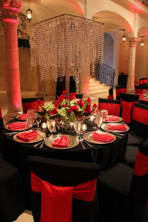 Red Black And Gold Masquerade Party, Black Red And Gold Quinceanera, Mascarade Quince, Spiderman Quinceanera, Red And Black Theme Party, Red And Black Sweet 16 Party Ideas, Red And Black Quinceanera Theme, Masquerade Banquet, Red And Gold Quinceanera Decorations