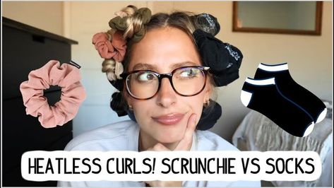 This is a guide to doing heatless curls with socks vs scrunchies. Learn how to do overnight curls using two different methods, then see which one works best in this fun step-by-step tutorial. Overnight Natural Hairstyles, Sock Curls Medium Hair, Heatless Curls Overnight Short Hair Socks, Heartless Curls Overnight Socks, Diy Heatless Curls For Short Hair, Easy Heatless Curls Short Hair, Heatless Curls For Medium Hair, Overnight Curls With Wet Hair Short, Easy Overnight Curls For Short Hair