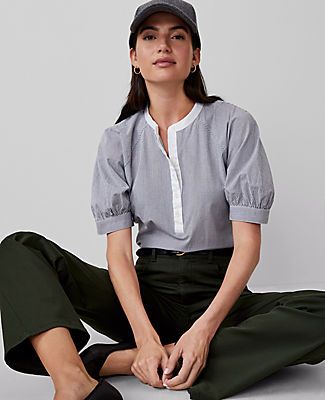 Introducing Ann Taylor Weekend – relaxed separates and easy pairings that take the work out of getting dressed. Mandarin collar. Short raglan sleeves with button cuffs. Button front placket. Shirttail hem.,Hit:25" long,Imported:Imported,Fit:Blousy: our most relaxed fit,Length:25" long,Fabrication:Body: 59% Cotton, 38% Viscose, 3% Lyocell; Collar/Placket: 79% Cotton, 18% Nylon, 3% Spandex,Garment Care:Machine Washable Weekend Striped Cotton Blend Popover by Ann Taylor Size regular - XL Pure Sapph Fitted Tops Women, Popover Shirt, Getting Dressed, Stripe Shirt, Weekend Wardrobe, Petite Tops, Petite Fashion, Mandarin Collar, Work Casual