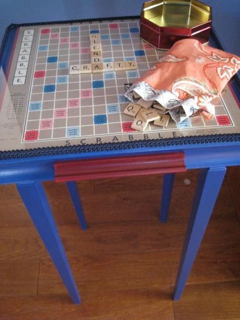 Diy Wall Scrabble Game, Repurpose Board Games, Board Game Repurpose, Scrabble Table, Large Scrabble Board, Custom Pool Tables, Resident Retention, Scrabble Game, Scrabble Crafts