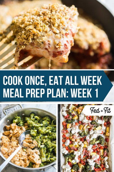 This Cook Once, Eat All Week Meal Prep Plan: Week 1 will give you a week’s worth of healthy breakfast, lunch, dinner, and snacks that your whole family will love. This plan is sure to save you time without sacrificing flavor and variety! Recipes That Will Last All Week, Cool Once Eat All Week, Sunday Meal Prep For The Week Dinners, 1 Week Meal Prep, Cook Once Eat All Week Recipes, Sunday Meal Prep For The Week Family, Cook Once Eat All Week Dinners, Cook Once Eat All Week, Sunday Meal Prep For The Week