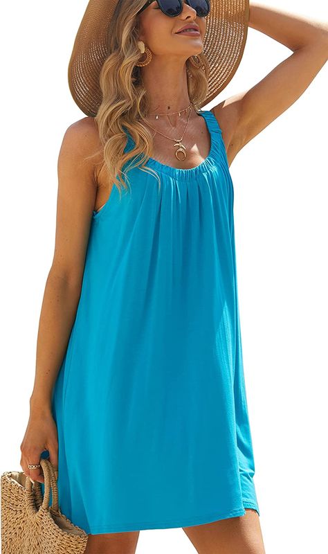 iGENJUN Womens Beach Cover Up Tank Dress Casual Vacation Beach Outfit Summer Cover Up Dress with Pockets Beach Dress Casual, Beach Evening, Womens Beach Dresses, Halter Dress Summer, Flowy Mini Dress, Flowy Design, Hot Fix, Summer Boho, Solid Color Dress