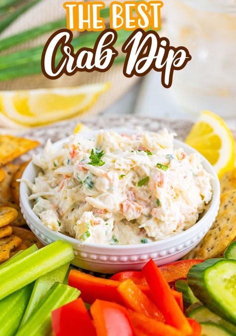 A bowl of Cold Crab Dip with veggies for dipping. Crab Dip Recipe Easy, Lump Crab Dip, Crab Appetizer Recipes, Creamy Crab Dip Recipe, Crabmeat Recipes, Easy Crab Dip, Crabmeat Dip, Appetizer Dips Cold, Crab Dip Recipe Cold