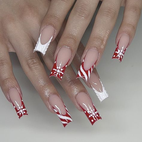 ig: nailssbylvurv Christmas Birthday Nails Acrylic, Christmas Nail Designs Coffin Shape, Red And White Christmas Nail Designs, Long Almond Christmas Nails, Christmas Gel X Nails, Acrylic Nails Ideas Winter, Matching Christmas Nails, Christmas Nails Black Women, Acrylic Nail Designs Christmas