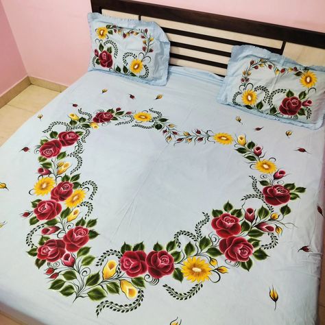 Hand painted bedsheet 90* 100 size Pure cotton Cash on delivery not available For order contact on 7710863253 For bigger size of the bedsheet price will increase Price also depends on painter and Design and fabric of the Bedsheet Bed Sheet Painting Design, Hena Designs, Designer Bed Sheets, Fabric Paint Diy, Painting Flowers Tutorial, Fabric Painting Techniques, Fabric Painting On Clothes, Fabric Paint Designs, Neck Designs For Suits