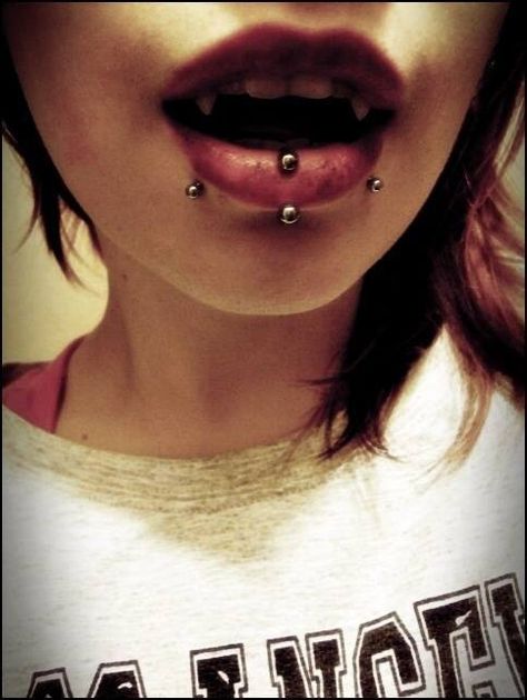 Lip piercings Triple Lip Piercing, Vertical Labret With Snake Bites, Piercings Teeth, Multiple Lip Piercings, Dream Piercings, Piercing Types, Spider Bite Piercing, Vertical Labret, Double Tongue Piercing