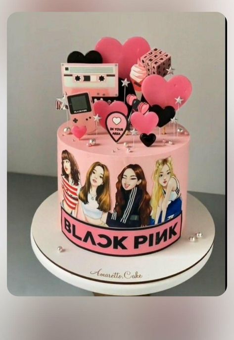 Blackpink Cakes Birthday, Black Pink Themed Birthday Party, Blackpink Cake, Pink Birthday Theme, Kpop Food, Tire Cake, Mickey Mouse Cake Topper, Fondant Cakes Birthday, Anime Cake