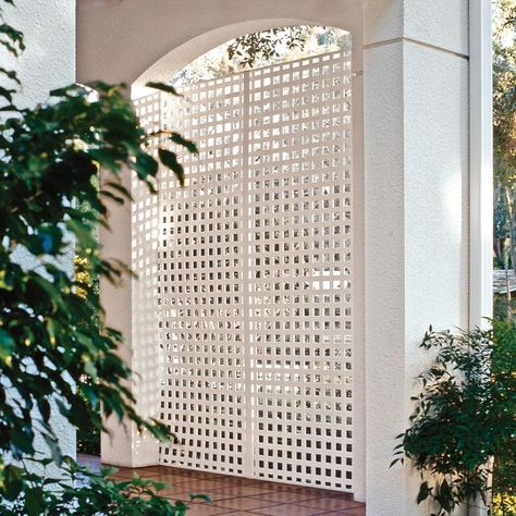 Decorative Lattice is a perfect yard or deck accent that can enhance or add beauty to your home or creative project. Low-maintenance, impact-resistant plastic material will ensure that your lattice is stable in extreme climates and will be as strong as it is attractive. Lattice is quick and easy to install. Available in a variety of colors and styles with color matching accessories. Freedom 1/4-in x 48-in x 8-ft White Vinyl Square Lattice | 73004051 Privacy Lattice, Vinyl Lattice Panels, Porch Privacy, Bee Trap, Plastic Lattice, Carpenter Bee Trap, Decorative Screen Panels, Lattice Wall, Square Lattice