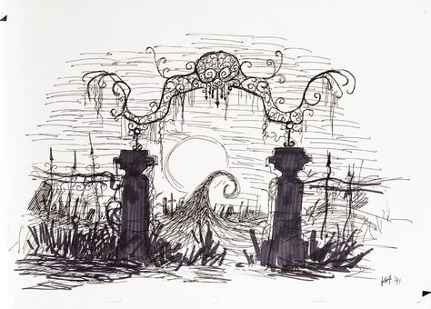 Cemetery gates. Tattoo idea. Nightmare Before Christmas. Tim Burton Sketches, Tim Burton Drawings, Tim Burton Art Style, Tim Burton Tattoo, Tattoo Disney, Nightmare Before Christmas Tattoo, Pumpkin Drawing, Tim Burton Style, Tim Burton Art