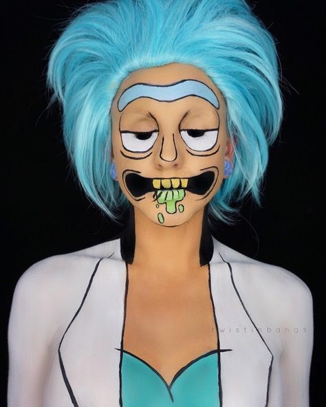 21 Freakishly Cool Halloween Makeup Ideas You'll Want to Steal | Of Life + Lisa Rick And Morty Halloween, Unique Halloween Makeup, Halloween Costumes Women Creative, Makeup Brown, Scarecrow Makeup, Cartoon Makeup, Smokey Eye Makeup Look, Creepy Halloween Makeup, Halloween Makeup Ideas