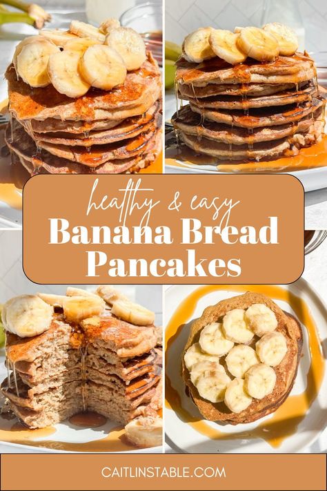 Looking for easy morning breakfast ideas? Try these banana bread pancakes! Made with whole wheat flour, banana, egg and cinnamon, these homemade pancakes are easy and so fluffy. Add maple syrup, bananas, peanut butter and fruit as toppings and serve. Peanut Butter And Fruit, Easy Morning Breakfast, Banana Walnut Pancakes, Morning Breakfast Ideas, Walnut Pancakes, Fluffy Banana Pancakes, Pancakes Banana, Banana Bread Pancakes, Bread Pancakes