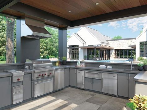 Sub-Zero, Wolf, and Cove on Instagram: “Expand your home's cooking and gathering space with an outdoor kitchen. #WolfOutdoorGrill #OutdoorKitchen #SubZeroWolfCove” Luxury Outdoor Kitchen, Outdoor Cooking Spaces, Kitchen Suite, Kitchen Ikea, Indoor Kitchen, Gourmet Meals, Modern Outdoor Kitchen, Simple Kitchen Design, Outdoor Kitchen Plans