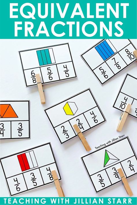 equivalent fraction clip cards are the perfect activity to teach equivalent fractions with 3rd and 4th grade students! Fun Fractions Activities, Equivalent Fraction Games, Equivalent Fractions Activities, Math Fraction Activities, 4th Grade Math Games, Fractions Activities, Math Fractions Worksheets, 4th Grade Activities, 4th Grade Fractions