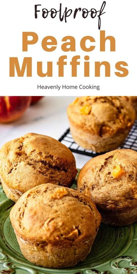 These delicious peach muffins are easy to make for breakfast or brunch. They taste like peach cobbler and take advantage of fresh peaches. If you don’t have fresh peaches. No problem. You can just as easily use frozen peaches. Get the easy recipe and step-by-step photos at Heavenly Home Cooking. Peach Muffin Recipes, Apricot Muffins, Peach Muffins, Almond Muffins, Peach Dessert Recipes, Jumbo Muffins, Simple Muffin Recipe, Salad Dressing Recipes Homemade, Filled Muffins