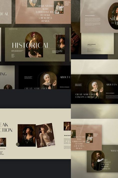 Artistic Powerpoint Design, Historical Powerpoint Design, Historical Presentation Design, History Presentation Design, History Powerpoint Templates, Historical Presentation, Vintage Powerpoint, Brand Powerpoint, History Powerpoint