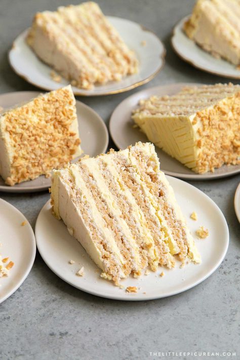 Sans Rival cake slice. Filipino cake consisting of cashew dacquoise layered with French buttercream. #cake #dessert #glutenfree #cashews #buttercream #filipino #filipinodesserts #filipinorecipes San Rival Cake, Sans Rival Cake, Sans Rival, Bakery Aesthetic, French Buttercream, Cakes To Make, Meringue Cake, Rich Desserts, Filipino Desserts