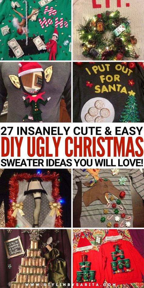 DIY Ugly Christmas sweater ideas Christmas Sweater Sayings Funny, Creative Holiday Sweater, Ugly Christmas Sweaters Homemade, Really Ugly Christmas Sweaters, Ugly Sweater Boys Diy, Diy Christmas Outfit Funny, Women’s Ugly Christmas Sweater Ideas, Funny Adult Christmas Sweaters, Ugly Sweater Diy Men