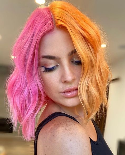 Pink Orange And Blonde Hair, Orange Pink Split Hair, Fun Hair Color Ideas Split Dye, Pink Orange Ombre Hair, Pink Orange And Yellow Hair, Pastel Pink And Orange Hair, Pinky Orange Hair, Pink And Orange Hair Short, Peach And Pink Hair