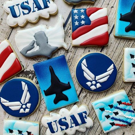 Air Force Themed Party, Air Force Farewell Party Ideas, Airforce Cookies Decorated, Air Force Retirement Cookies, Air Force Cookies Decorated, Airforce Cookies, Airforce Retirement Party Ideas, Msgt Promotion, Air Force Cookies