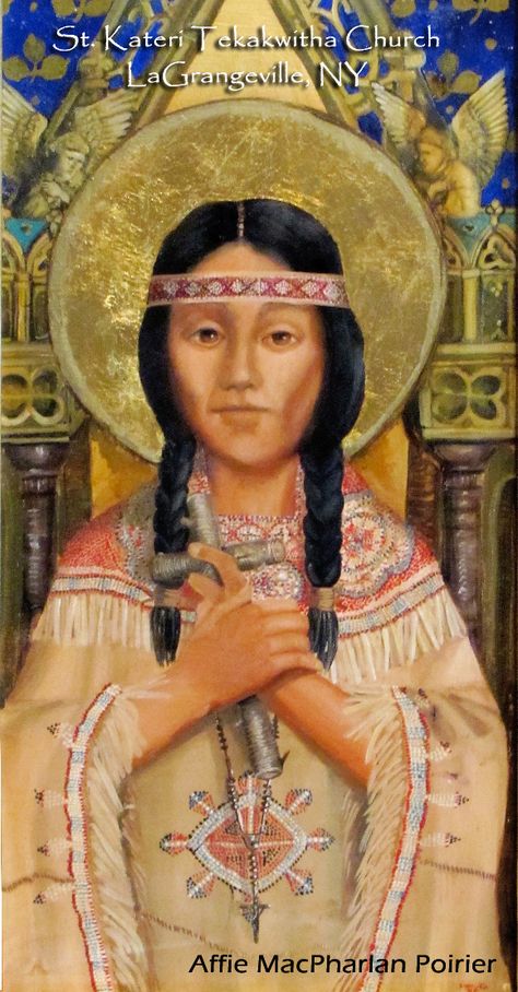 40 Days of Catholic Saints: Day 4  St. Kateri Tekakwitha  Patron Saint of: ecologists, ecology, environment, environmentalism, environmentalists, loss of parents, people in exile, people ridiculed for their piety, Native Americans, Igorots, Cordilleras, Thomasites, Northern Luzon,Diocese of Bangued, Vicariate of Tabuk, Vicariate of Bontoc-Lagawe, Diocese of Baguio, Philippines #Catholic #saint #Saints Saint Kateri Tekakwitha, St Kateri, Kateri Tekakwitha, Mohawks, Roman Catholic Church, Religious Icons, Catholic Art, Patron Saints, Blessed Mother