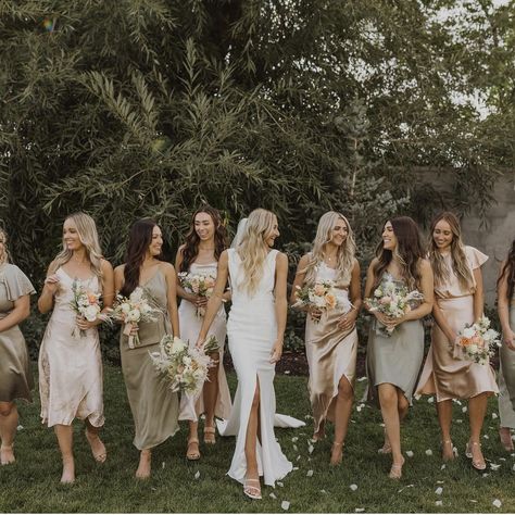 Neutral Palette Wedding Party, Midi Neutral Bridesmaid Dress, Sage Green And Neutral Bridesmaid Dresses, Olive Green And Champagne Wedding Bridesmaid Dresses, Nutural Bridesmaid Dresses, Bridal Party Mixed Dresses, Tan And Green Bridesmaid Dresses, Mixed Matched Green Bridesmaid Dresses, Bridesmaid Mismatched Dresses Neutral