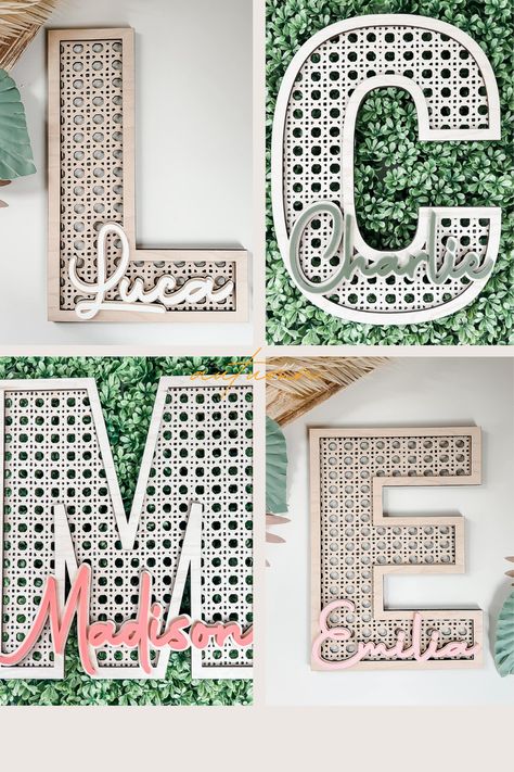 Handmade customizable name sign for baby's nursery or kid's room. Lots of color and finish options. #nurserydecor #namesign #babyregistry #pregnancy #babyname #bohonursery Boho Name Sign, Wall Decor For Nursery, Rattan Wall Decor, Decor For Nursery, Rattan Wall, Wood Personalized, Boho Nursery Decor, Initial Name, Birthday Gifts For Boys