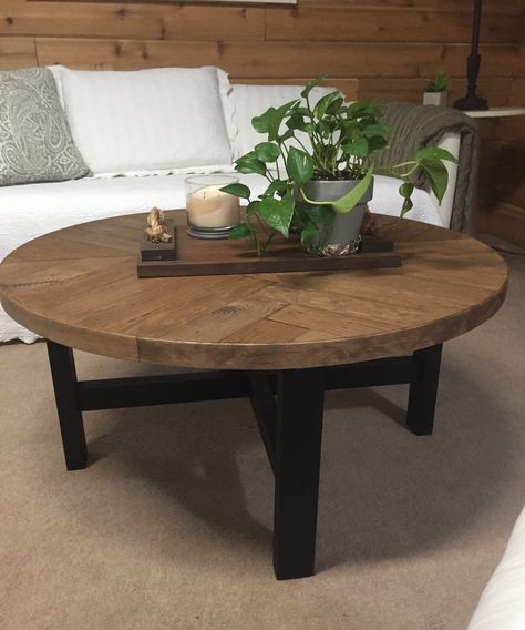 "Farmhouse Style Coffee Table - Solid Wood - Rustic Decor This listing is for a rustic, unique round 30\" or 36\" Herringbone Pattern Coffee Table with wooden legs. Each table is custom made from white pine. The boards are selected and sanded by hand. The wood is left rustic. This simply means that it is smooth, but the knots, nail holes, cracks and other vestiges of its former life remain gloriously visible. Enjoy your morning coffee on the patio, or have heartfelt discussions around your coffe Round Coffee Table Styling, Round Coffee Table Decor, Farmhouse Style Coffee Table, Round Coffee Table Living Room, Circle Coffee Tables, Round Wooden Coffee Table, Wood Coffee Table Rustic, Round Coffee Tables, Wood Table Legs