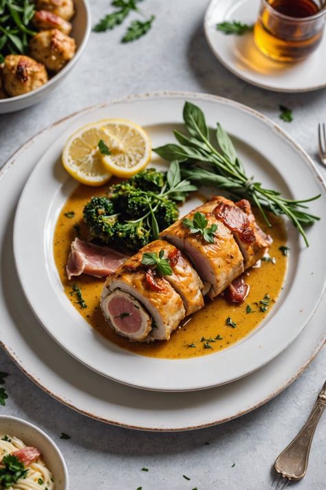 Saltimbocca Di Pollo Alla Romana Roulades Fine Dining Dinner Ideas, Fine Dining Sauces, Elegant Dinner Recipes Main Courses, Chicken Roulade Plating Fine Dining, Fine Dining Chicken Recipes, Italian Food Christmas Dinner, 4 Course Dinner Menu Ideas, Fancy Italian Dinner Recipes, Fancy Food Dinner