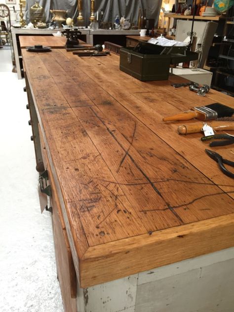 Antique Oak Workbench Whitcomb + Cate HappenFound Restoration Workbench Top Ideas, Timber Workbench, Vintage Workbench, Antique Workbench, Antique Work Bench, Workbench Table, Industrial Workbench, Tool Bench, Garage Work Bench