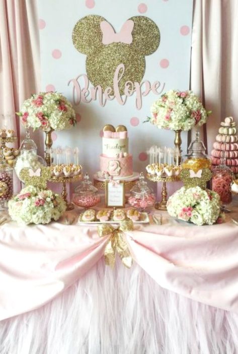 Impress your guests with a stylish pink Minnie Mouse dessert table like this one. The backdrop is just so elegant and all desserts are so beautifully placed and who can resist that baby pink tulle table skirt? See more party ideas and share yours at CatchMyParty.com #catchmyparty #partyideas #minniemouse #minniemouseparty #minniemousepartyideas #minniemousedesserttable Minnie Mouse Dessert Table, Mouse Dessert, Kids Party Inspiration, Minnie Mouse Party Decorations, Minnie Mouse Birthday Party Decorations, Minnie Mouse First Birthday, Minnie Mouse Birthday Decorations, Minnie Mouse 1st Birthday, Minnie Mouse Baby Shower