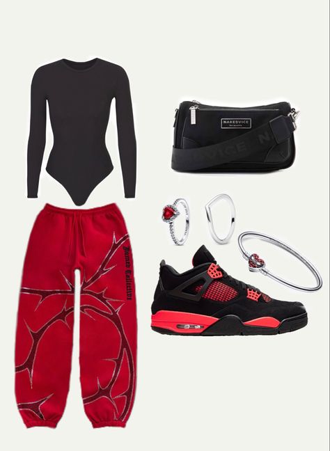 Burgundy Sweatpants Outfit, Maroon Aesthetic Outfit, Red Baddie Outfits, Red Jordans Outfit For Women, Red Sweatpants Outfit, Black Sweats Outfit, Jordan 1s Outfit, Chav Outfits, Red Sweatpants