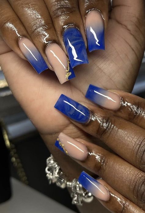 Indigo Blue Nails Acrylic, Deep Blue Acrylic Nails Designs, Royal Blue Birthday Nails Short, Dark Blue Nails Short Square, Acrylic Nails Black And Blue, Nails 2023 Trends Blue, Birthday Blue Nails, Bday Nails Acrylic, Blue Nails Black Women