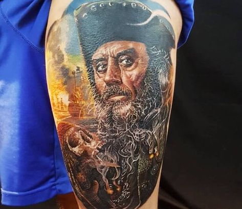 Blackbeard tattoo by Yeyo Tattoos Reality Tattoo, Pirate Tattoos, Pirate Skull Tattoos, Dragon Sleeve, Pirate Tattoo, Dragon Sleeve Tattoos, Portrait Tattoos, World Tattoo, Tattoo Artwork