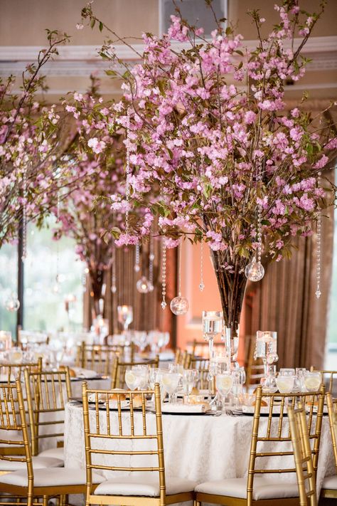 Pink Cherry Blossom Centerpieces with Crystals Cherry Blossom Wedding Centerpieces, Monaco Hotel, Cherry Blossom Centerpiece, Glass Wedding Centerpieces, Cherry Blossom Party, Blush Weddings, Hanging Glass Terrarium, Cherry Blossom Theme, Sweet Fifteen