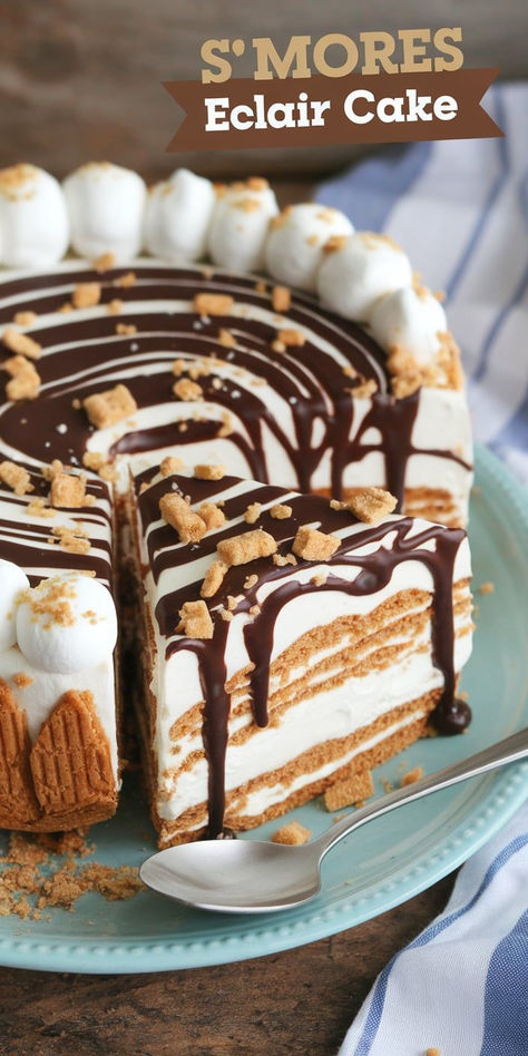 Bring the taste of s’mores indoors with this delightful S’mores Eclair Cake! The perfect blend of chocolate, marshmallow, and graham cracker layers makes for an irresistible dessert that’s both easy to make and even easier to devour! Eclair Cakes, Eclair Cake Recipe, No Bake Eclair Cake, Eclair Cake Recipes, Smores Dessert, Smores Cake, Eclair Cake, Chocolate Marshmallow, Graham Cracker