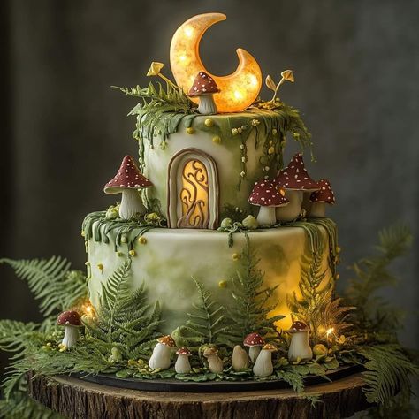 Wedding Cake Mushroom, Dark Forest Birthday Party, Fairy Tail Wedding Cake, Fantasy Cakes Birthday, Whimsical Cake Ideas, Fantasy Cake Ideas, Enchanted Forest Cake Ideas, Vintage Fairy Cake, Enchanted Forest Theme Cake