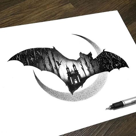 The Bat Castle. Fantasy and Surreal meet in Ink Drawings. Click the image, for more art by Thiago Bianchini. Thiago Bianchini, Bat Sketch, Halloween Sleeve, Batman Art Drawing, Gothic Drawings, Inktober Art, Weekend Home, Maya Art, Stippling Art