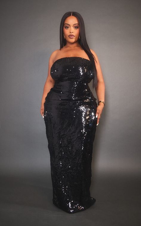 Plus Size Black Sequin Dress, Black Plus Size Dress, Masquerade Outfit, Fiercely Feminine, Curvy Dresses, Highest Heels, Sequin Material, Plus Size Black Dresses, Bandeau Maxi Dress