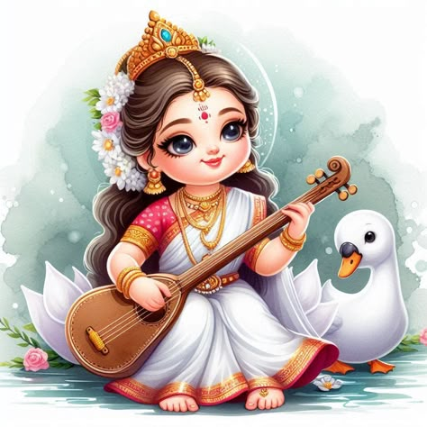 Saraswati Mata Illustration, Saraswati Ji Drawing, Cute Saraswati Drawing, Baby Saraswati Goddess, Lakshmi Painting, Saraswati Drawing, Mata Saraswati, Devi Saraswati, Saraswathi Devi