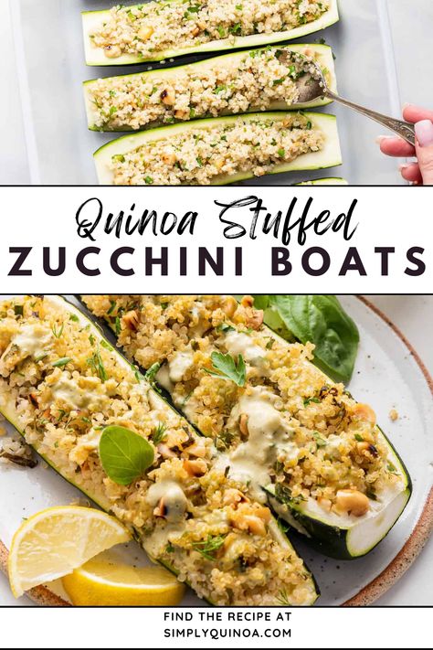 Try these Stuffed Zucchini Boats. These quinoa stuffed zucchini boats are filled with fresh herbs, quinoa, and a lemon tahini sauce. This is a quick and easy weeknight meal and great in the summer with all of the fresh zucchini from the garden! Quinoa Stuffed Zucchini Boats, Lemon Tahini Sauce, Stuffed Zucchini Boats, Fresh Zucchini, Chomp Chomp, Stuffed Zucchini, Simply Quinoa, Zucchini Boats, Healthy Comfort