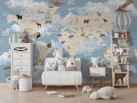 Learning Wallpaper, Map Mural, World Map Mural, Animal Learning, Kids World Map, Herringbone Wallpaper, Palm Leaf Wallpaper, Adventure World, Map Murals