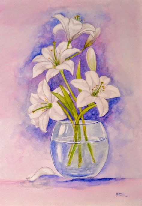 Watercolor painting flower vase white lily Flower And Vase Drawing, Nature Composition Painting, Flowers In Vase Painting Watercolor, Flower Vase Drawing Watercolor Painting, Drawing Of Flowers In A Vase, Flower With Vase Drawing, Watercolor Composition Easy, Flower Drawing In Vase, Flower Vase Painting Watercolor